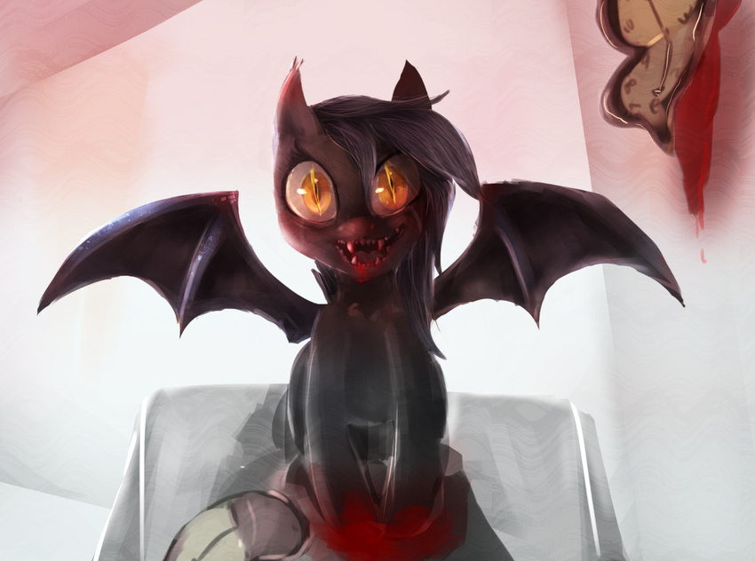 bat_wings blood creepy dorumon4x equine fangs female feral friendship_is_magic fur hair horse long_hair looking_at_viewer mammal my_little_pony nightmare_fuel open_mouth original_character pony sitting slit_pupils smile solo soul_devouring_eyes teeth tongue wings