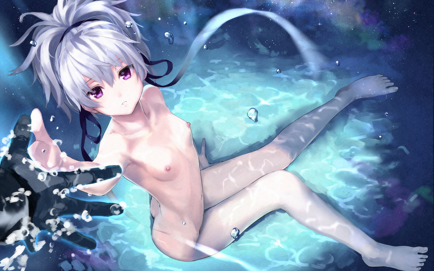 arm_support barefoot black_gloves breasts bubble darker_than_black from_above gloves hair_ribbon high_ponytail highres kawakami_rokkaku long_hair looking_at_viewer navel nipples nude parted_lips petite ponytail purple_eyes reaching_out ribbon silver_hair sitting small_breasts solo_focus thigh_gap underwater wallpaper water yin