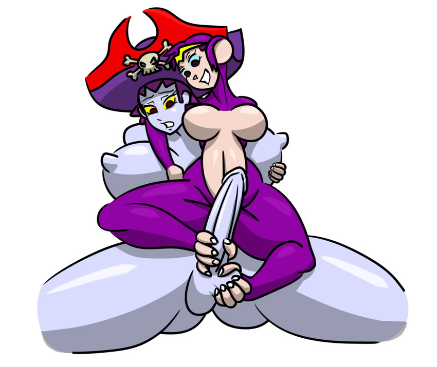 anthro ball_fondling balls big_breasts blue_sclera breasts dickgirl duo female foot_fetish footjob grey_skin hair human intersex interspecies mammal monkey no_nipples pirate primate purple_hair red_eyes risky_boots sex shantae shantae_(series) unknown_artist yellow_sclera