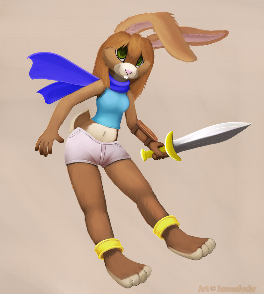 anthro breasts brown_fur brown_hair clothing colored female fur green_eye green_eyes hair hare jamesfoxbr lagomorph looking_at_viewer mammal painted plain_background rabbit scarf smile solo standing sword teeth weapon