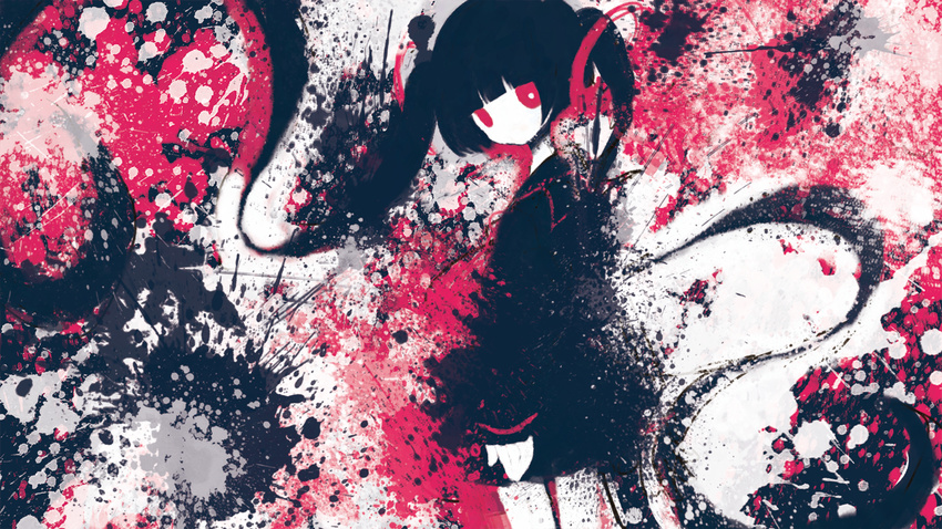 between_shizuki black_hair hatsune_miku red_eyes twintails vocaloid