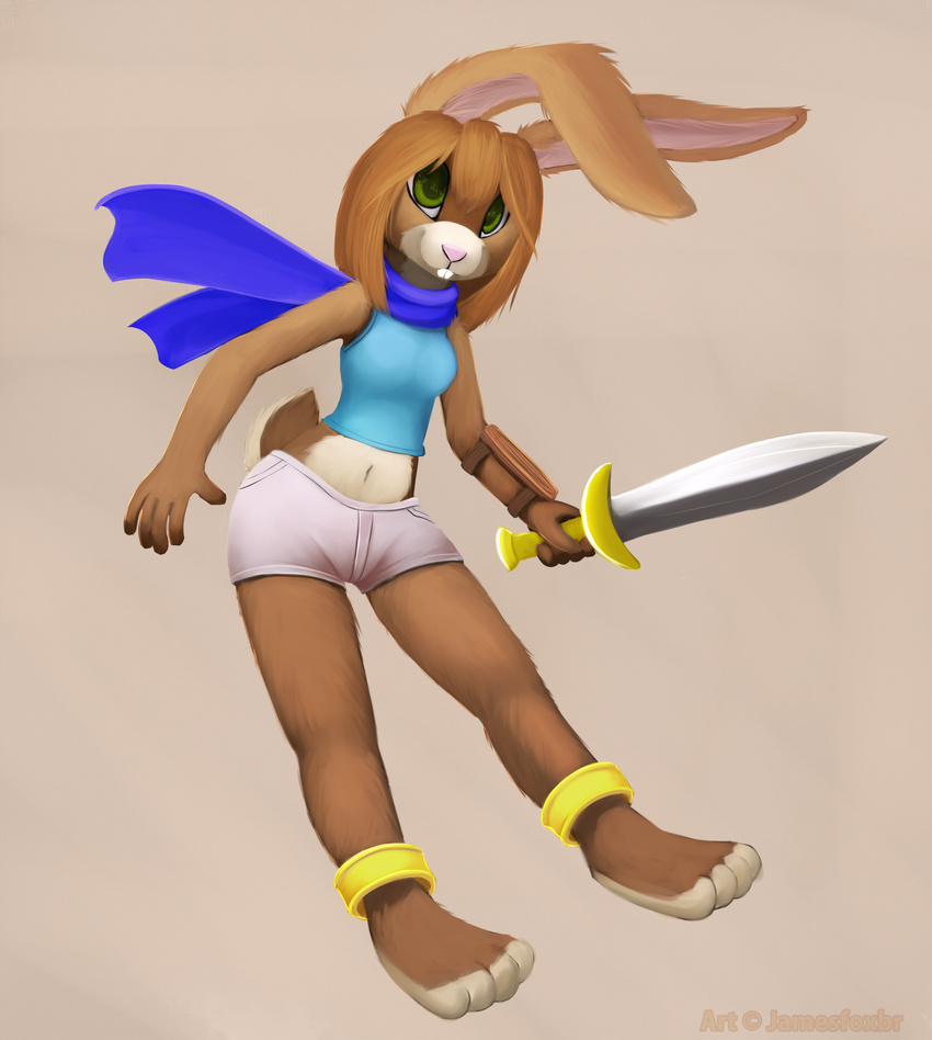 anklet anthro barefoot breasts brown_fur brown_hair clothed clothing colored female fur green_eye green_eyes hair hare jamesfoxbr lagomorph looking_at_viewer mammal midriff painted plain_background rabbit scarf smile solo standing sword teeth weapon