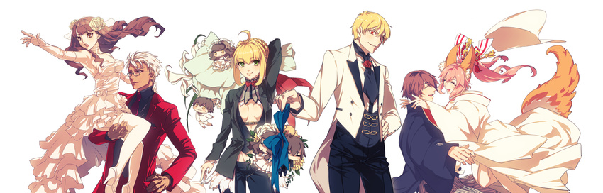 animal_ears archer blonde_hair bow breasts brown_eyes brown_hair caster_(fate/extra) chibi cleavage dress fate/extra fate/stay_night flowers gilgamesh glasses green_eyes japanese_clothes kin_mokusei kishinami_hakuno pink_hair red_eyes saber_extra tail tie wedding_dress white_hair