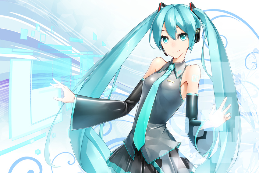 aqua_eyes aqua_hair bad_id bad_pixiv_id detached_sleeves hatsune_miku headset highres long_hair necktie sh skirt smile solo twintails very_long_hair vocaloid