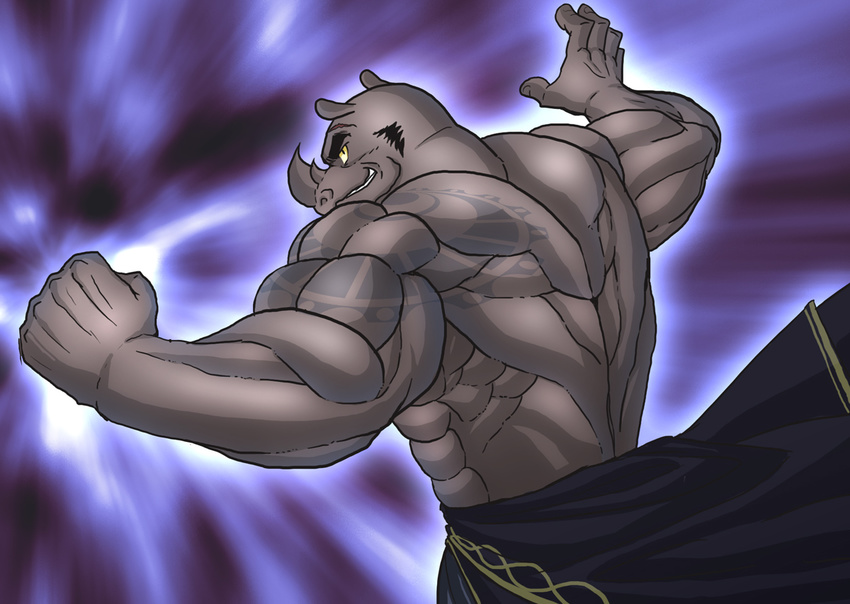 altauro anthro back beefcake biceps big_muscles clothed clothing fist grey_skin grin horn looking_at_viewer looking_back male mammal muscles pecs pose rhinoceros saito smile solo standing teeth toned topless yellow_eyes