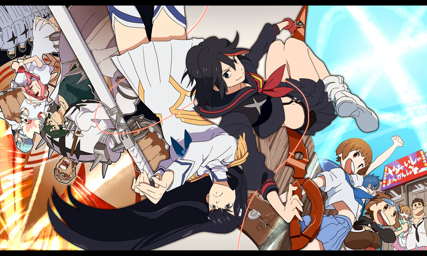 black_eyes blue_hair brown_eyes brown_hair gabu_kichi gamagouri_ira goggles group inumuta_houka jakuzure_nonon kill_la_kill kiryuin_satsuki mankanshoku_barazou mankanshoku_mako mankanshoku_matarou mankanshoku_sukuyo matoi_ryuuko mikisugi_aikurou pink_eyes pink_hair sanageyama_uzu seifuku sword weapon zettai_ryouiki