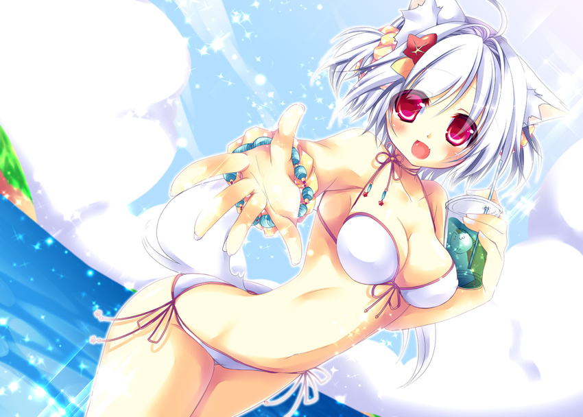 animal_ears bikini drink hikanyan inubashiri_momiji red_eyes swimsuit touhou white_hair