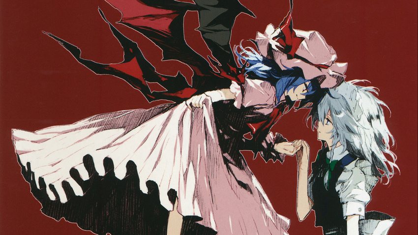 2girls blue_hair green_hair hat izayoi_sakuya maid minakata_sunao red red_eyes remilia_scarlet vampire wings