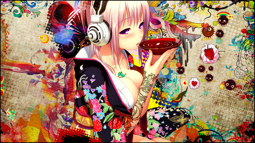 breasts cleavage headphones japanese_clothes kimono pink_hair purple_eyes sonico super_sonico tsuji_santa
