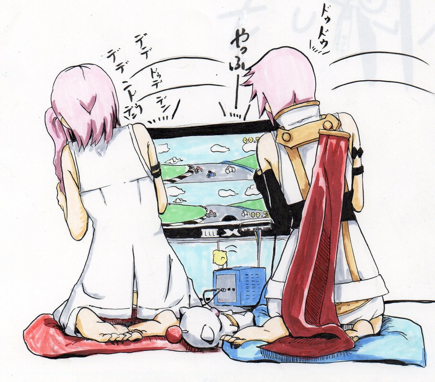 2girls ciy14005 final_fantasy final_fantasy_xiii game_console gamecube highres lightning_farron mario_kart moogle motion_lines multiple_girls pink_hair pixiv_manga_sample resized seiza serah_farron sitting television