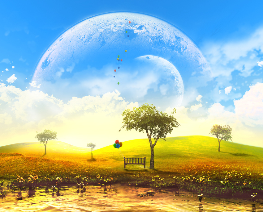 3d bench clouds grass landscape moon nobody original scenic sky tree water y-k