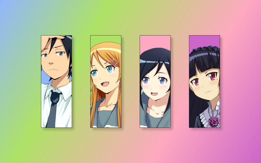 aqua_eyes aragaki_ayase black_hair blue_eyes gokou_ruri gray_eyes headdress kousaka_kirino kousaka_kyousuke long_hair no10 orange_hair ore_no_imouto_ga_konna_ni_kawaii_wake_ga_nai photoshop red_eyes seifuku short_hair tie