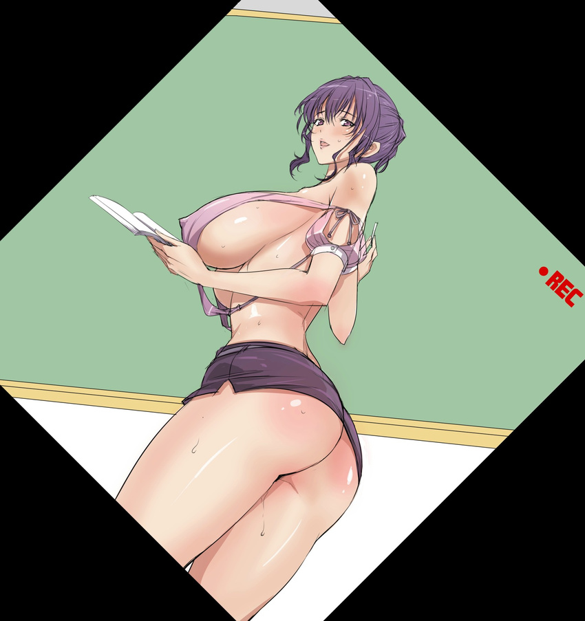 1girl ass blush breasts chalkboard classroom covered_nipples erect_nipples female highres looking_at_viewer milf no_bra no_panties nopan original purple_eyes purple_hair q_azieru qazieru smile solo standing sweat teacher underboob