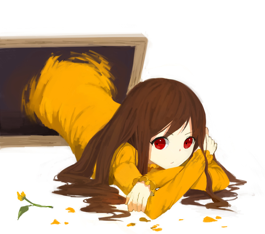 brown_hair crossed_arms dress he_ji_(ryou) ib lady_in_yellow_(ib) long_hair lying petals picture_frame red_eyes yellow_dress