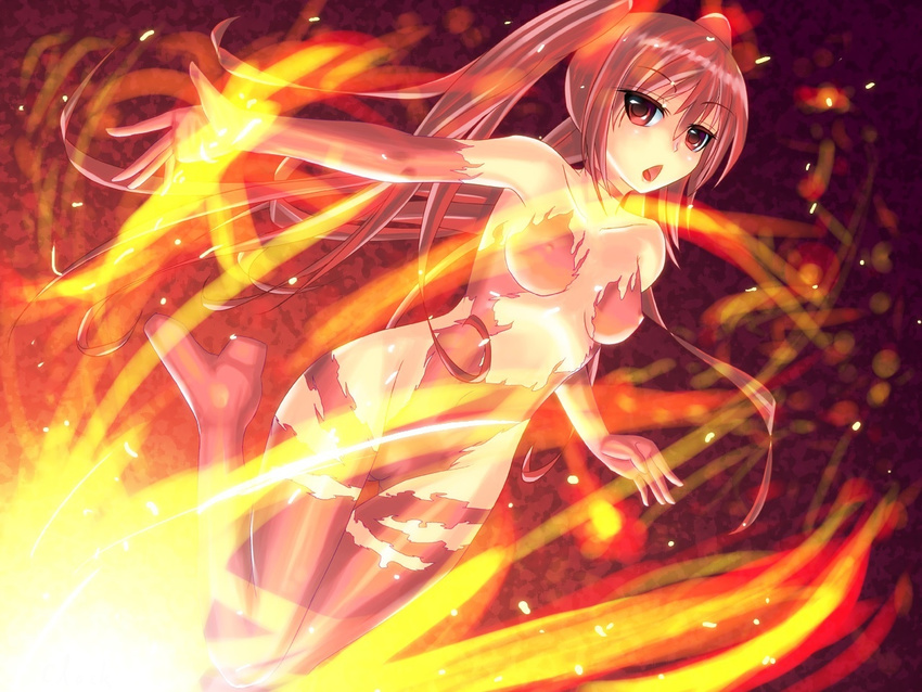 elbow_gloves erect_nipples fire haiyore!_nyaruko-san kuuko long_hair red_eyes red_hair tokei_(aomr-hrsk) torn_clothes twintails