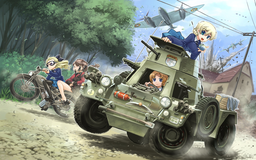 aircraft assam_(girls_und_panzer) blonde_hair blue_eyes brown_hair darjeeling_(girls_und_panzer) girls_und_panzer goggles instrument motorcycle orange_pekoe_(girls_und_panzer) pantyhose r-ex seifuku skirt tagme_(character) tree weapon