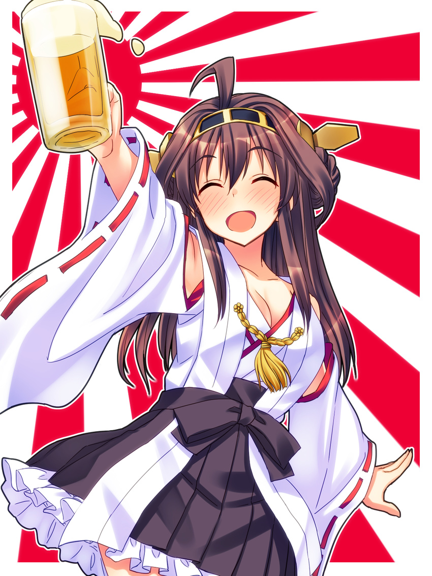 :d ^_^ ahoge alcohol beer blush breasts brown_hair cleavage closed_eyes detached_sleeves drunk hairband headgear highres japanese_clothes kantai_collection kongou_(kantai_collection) long_hair medium_breasts open_mouth ribbon-trimmed_sleeves ribbon_trim rising_sun smile solo sunburst yuuki_keisuke