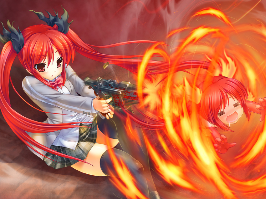 blush bow chibi demonbane fire gessekai gun haiyore!_nyaruko-san jpeg_artifacts kuuko long_hair parody red_eyes red_hair seifuku skirt thighhighs twintails weapon