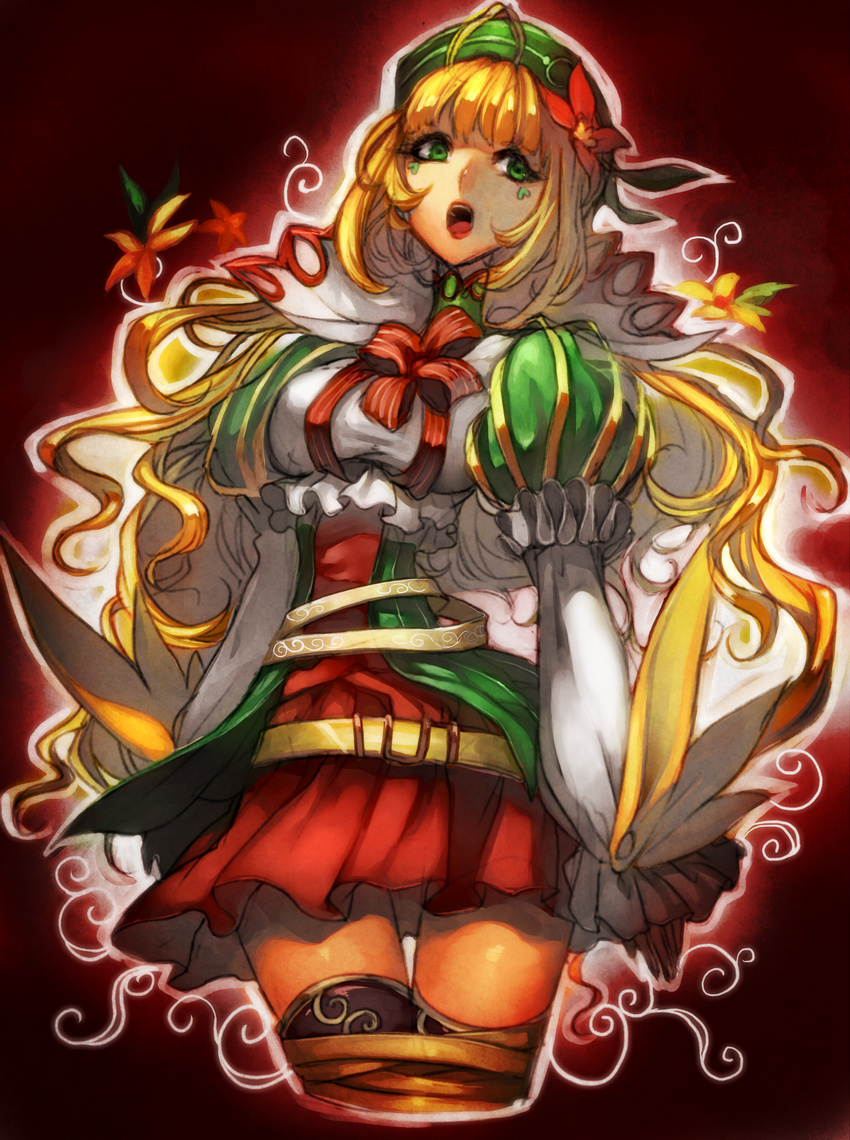 bad_id bad_pixiv_id bdsm belt blonde_hair bondage bound bound_legs breasts cropped_legs facial_tattoo flower green_eyes hair_flower hair_ornament hat highres large_breasts long_hair long_sleeves original puffy_long_sleeves puffy_sleeves ribbon ribbon_bondage skirt slender_waist solo tattoo thighhighs wadani_hitonori