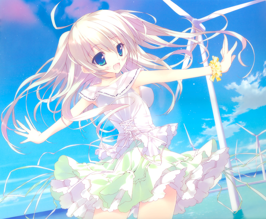 :d absurdres ahoge blue_eyes breasts chiisana_kanojo_no_serenade cloud cloudy_sky covered_nipples day eyebrows_visible_through_hair floating_hair from_behind green_skirt hair_between_eyes highres katagai_shione layered_skirt long_hair medium_breasts ocean open_mouth outdoors outstretched_arms ribbon shirt silver_hair skirt sky smile solo standing tsurusaki_takahiro white_ribbon white_shirt wind_turbine windmill wrist_cuffs