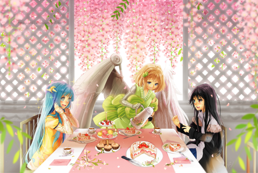 2girls aaa_luna angel angel_wings asymmetrical_wings bellezza_felutia black_hair black_tea blonde_hair blue_eyes blue_hair blush borrowed_character cake cassie_(acerailgun) cup cyborg feathered_wings food fruit hair_ornament hairclip hands_on_own_cheeks hands_on_own_face heterochromia knife long_hair macaron mechanical_arm mechanical_wings muffin multiple_girls original otoko_no_ko petals plate pouring red_eyes rosuuri sitting slice_of_cake sparkle spilling star star-shaped_pupils strawberry strawberry_shortcake sweatdrop symbol-shaped_pupils table tea teacup teapot tiered_tray very_long_hair watermark web_address wings