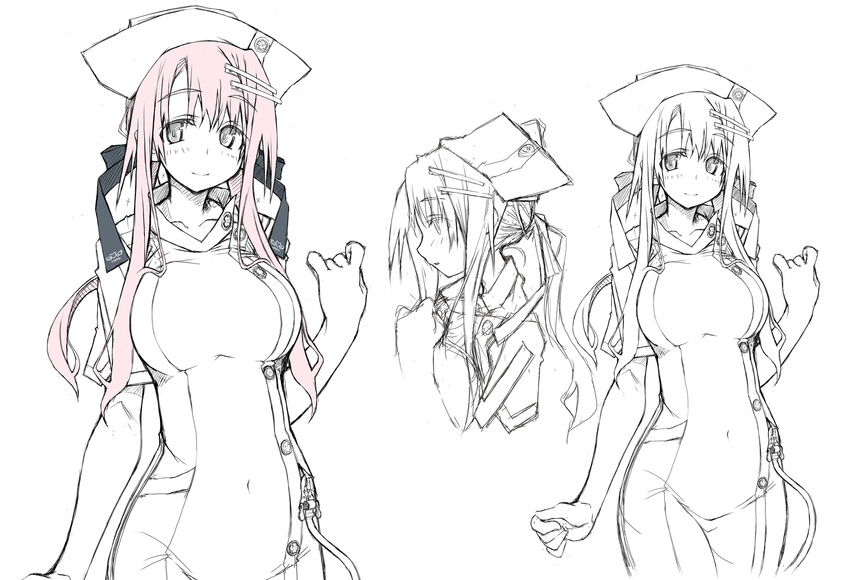 hat long_hair navel nurse ponytail sakuya_tsuitachi sketch skintight white