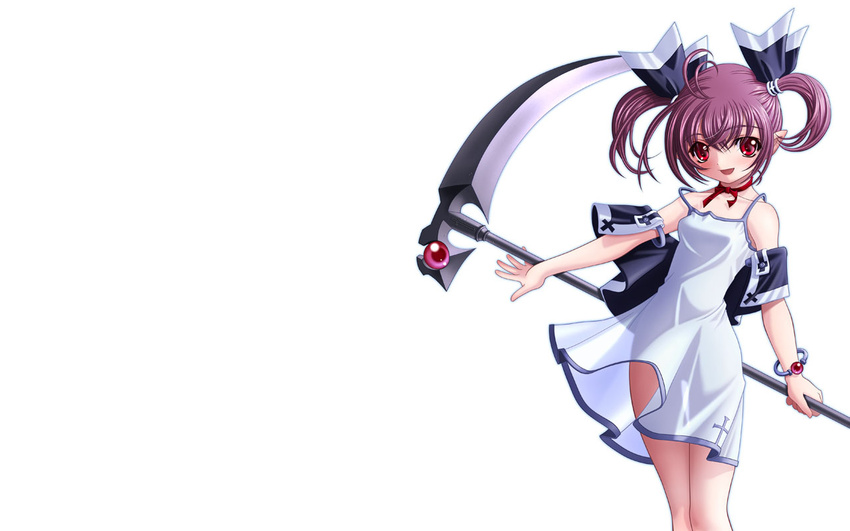 jpeg_artifacts purple_hair red_eyes sakuya_tsuitachi scythe short_hair summer_dress twintails weapon white