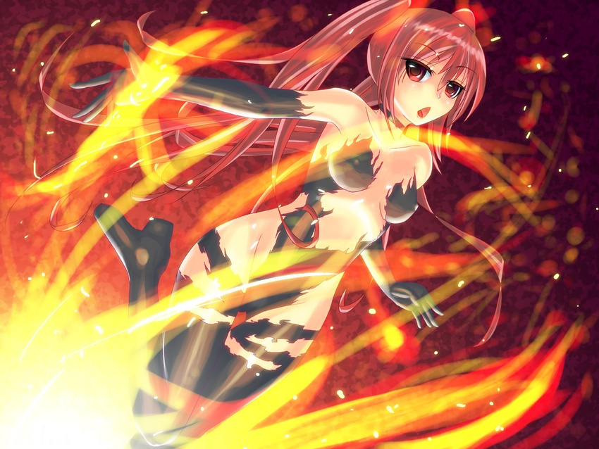 elbow_gloves erect_nipples fire haiyore!_nyaruko-san jpeg_artifacts kuuko long_hair red_eyes red_hair tokei_(aomr-hrsk) torn_clothes twintails