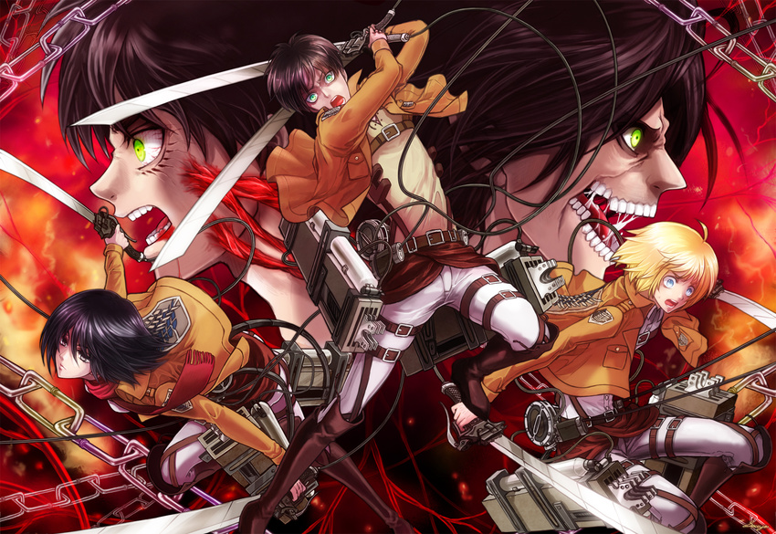 armin_arlert black_eyes black_hair blonde_hair blue_eyes boots brown_hair eren_jaeger green_eyes mikasa_ackerman rogue_titan scarf shingeki_no_kyojin souya_touki sword uniform weapon