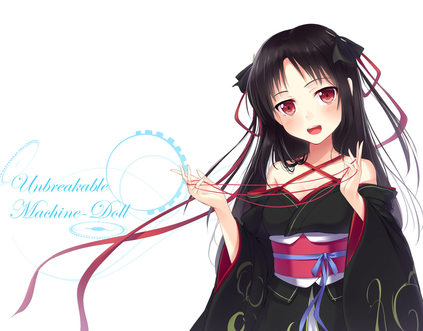 black_hair blush japanese_clothes kikou_shoujo_wa_kizutsukanai kimono red_eyes ribbons yaguo yaya