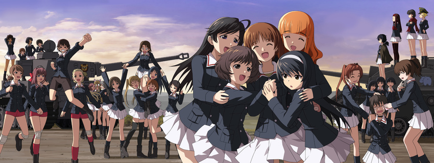 akiyama_yukari animal_ears bike_shorts black_eyes black_hair blonde_hair blue_eyes boots brown_eyes brown_hair caesar_(girls_und_panzer) crying dualscreen erwin girls_und_panzer glasses gotou_moyoko group hat headband hoshino_(girls_und_panzer) hug isobe_noriko isuzu_hana kadotani_anzu kawanishi_shinobu kawashima_momo kneehighs kondou_taeko konparu_nozomi koyama_yuzu long_hair maruyama_saki momogaa nakajima_(girls_und_panzer) nekonyaa nishizumi_miho oono_aya orange_hair oryou_(girls_und_panzer) piyotan ponytail purple_eyes reizei_mako saemonza sakaguchi_karina sasaki_akebi sawa_azusa seifuku short_hair skirt sono_midoriko suzuki_(girls_und_panzer) takebe_saori thighhighs tsuchiya_(girls_und_panzer) twintails utsugi_yuuki weapon wink yamagou_ayumi yudofu