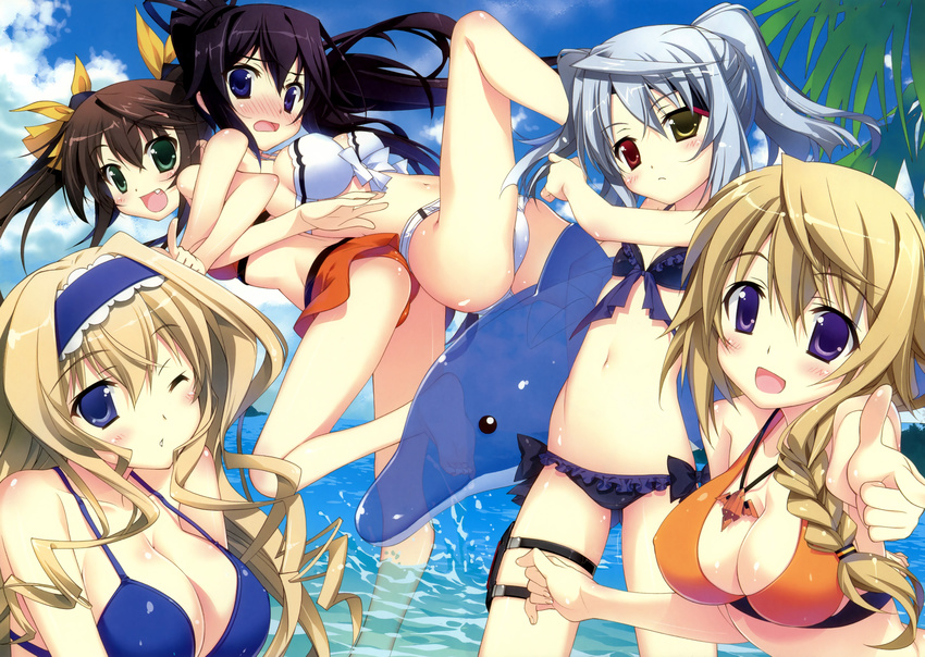 bicolored_eyes bikini blush cecilia_alcott charlotte_dunois cleavage erect_nipples fang fang_linyin fujima_takuya infinite_stratos laura_bodewig shinonono_houki swimsuit water wink