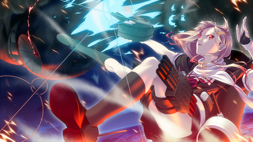 blonde_hair gun kantai_collection kneehighs komakedara red_eyes uniform water weapon yuudachi_(kancolle)