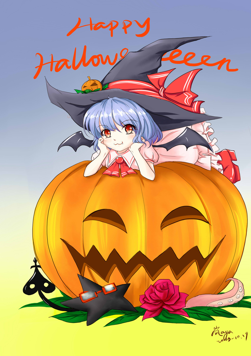 :3 absurdres alternate_headwear arashi_aya arm_support ascot bat_wings blue_hair dated fang flower glasses gradient gradient_background halloween happy_halloween hat hat_ornament hat_ribbon head_rest highres jack-o'-lantern laevatein leaf looking_at_viewer lying on_stomach pink_flower pink_rose platform_footwear puffy_short_sleeves puffy_sleeves red_eyes remilia_scarlet ribbon rose short_hair short_sleeves signature skirt skirt_set slit_pupils solo star tentacles touhou wings witch_hat