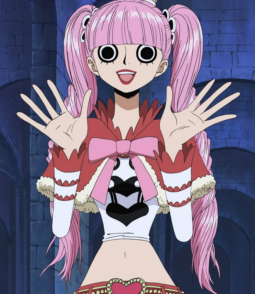 1girl black_eyes capelet drill_hair highres looking_at_viewer midriff navel one_piece perona pink_hair screencap smile thriller_bark twintails