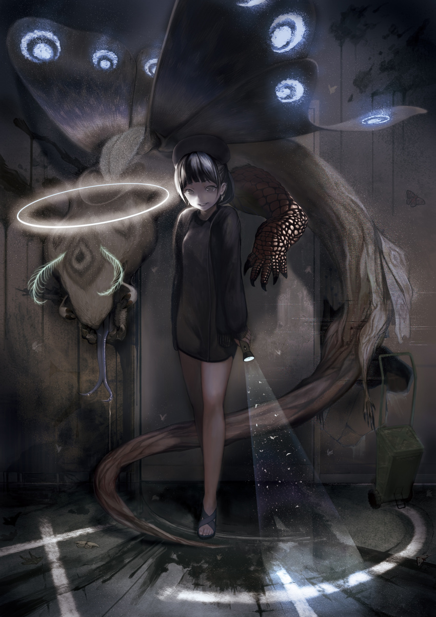 absurdres antennae bad_id bad_pixiv_id black_hair bug chimera earrings flashlight forked_tongue grey_eyes halo hat highres insect jacket jewelry monster moth original sandals scales solo thinnesta toes tongue