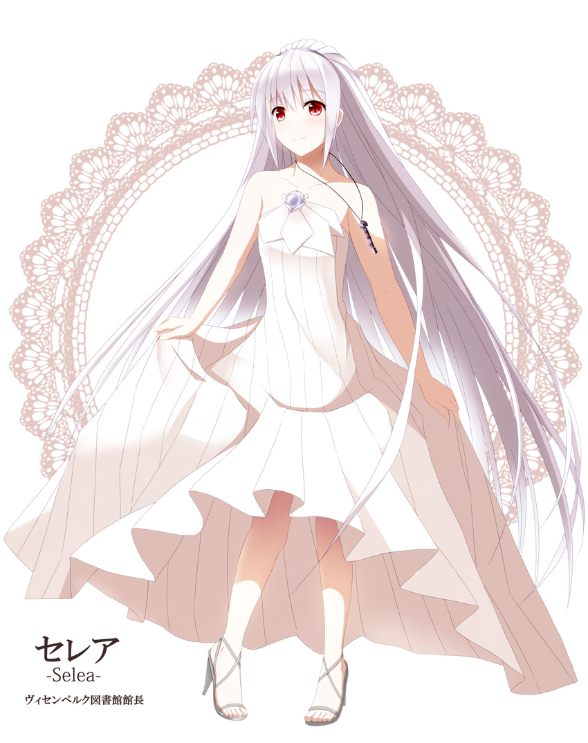 absurdres akabane_rin bare_shoulders blush collarbone dress full_body high_heels highres jewelry key long_hair looking_at_viewer no_legwear pendant pigeon-toed pixiv_library red_eyes simple_background smile solo standing toes very_long_hair white_background white_dress