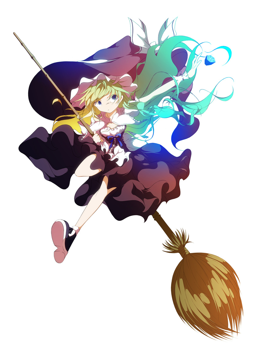 alternate_eye_color blonde_hair blue_eyes broom gradient_hair green_hair hat highres kirisame_marisa large_hat long_hair mashiroyu mini-hakkero multicolored_hair solo touhou very_long_hair witch_hat