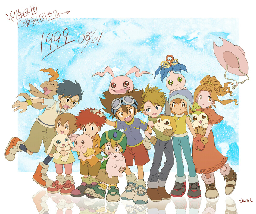 5boys :3 :d artist_name black_eyes black_hair black_legwear blonde_hair blue_eyes bobby_socks boots brown_eyes brown_hair carrying child copyright_name cowboy_hat creature denim digimoji digimon digimon_adventure dress everyone fangs fringe_trim glasses gloves goggles goggles_on_head hand_in_pocket hand_on_another's_head hat hat_removed headwear_removed holding_hands hood hoodie ishida_yamato izumi_koushirou jeans kido_jou kneehighs koromon locked_arms long_dress long_hair looking_at_another looking_at_viewer mochimon multiple_boys multiple_girls open_mouth orange_eyes orange_hair pants pink_legwear plotmon ponytail pukamon pyocomon red_hair reflection scarf shoes short_hair short_sleeves shorts sleeveless sleeveless_turtleneck smile sneakers socks spiked_hair standing sweat sweater_vest tachikawa_mimi takaishi_takeru takenouchi_sora tanemon temk tokomon translated tunomon turtleneck white_legwear yagami_hikari yagami_taichi