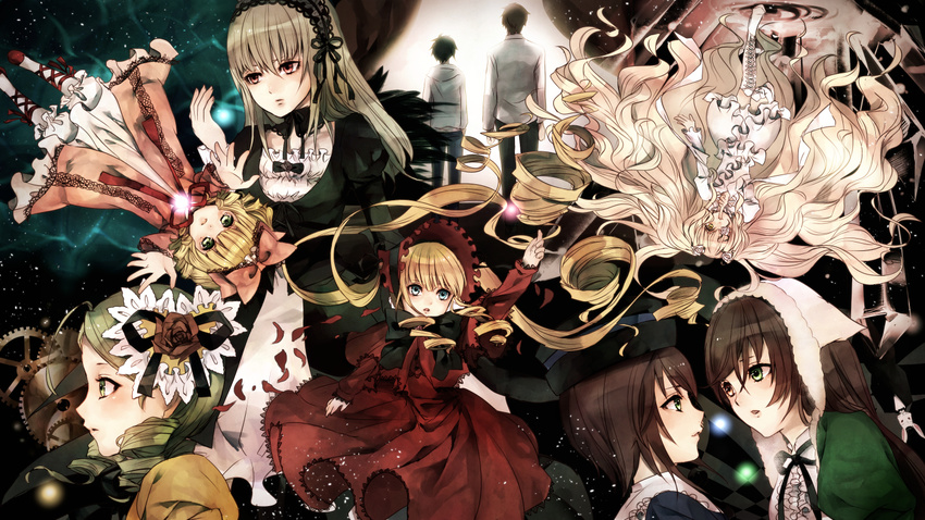 6+girls blonde_hair bonnet bow brown_hair clockwork dress dual_persona frills from_above green_hair grey_hair hat heterochromia hina_ichigo kanaria kirakishou looking_at_another looking_up multiple_boys multiple_girls pink_bow ribbon rozen_maiden sakurada_jun sakuyu shinku siblings souseiseki suigintou suiseiseki twintails wavy_hair