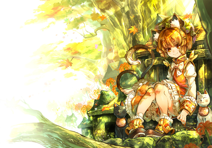 animal_ears autumn brown_hair cat cat_ears cat_tail chen earrings hat highres im_(badmasa) jewelry leaf looking_at_viewer maple_leaf multiple_tails nekomata red_eyes short_hair sitting skirt smile solo tail touhou tree two_tails