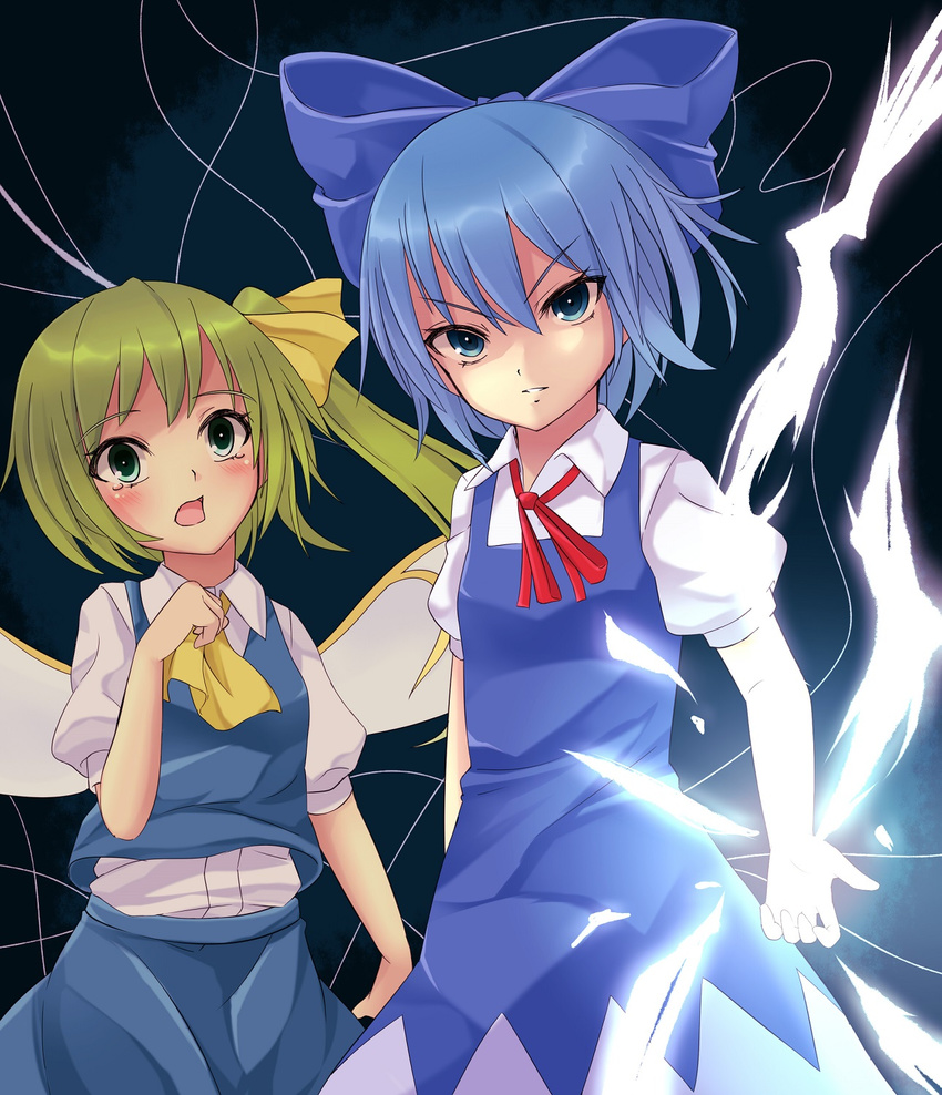 arai_togami ascot blue_eyes blue_hair bow cirno daiyousei dress fairy_wings glowing gradient gradient_background green_eyes green_hair hair_bow hair_ribbon hand_on_own_chest head_tilt highres light_trail looking_at_another looking_at_viewer multiple_girls neck_ribbon no_wings open_mouth parted_lips puffy_short_sleeves puffy_sleeves red_ribbon ribbon short_hair short_sleeves side_ponytail skirt skirt_set tears touhou tsurime wings