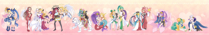 &gt;_&lt; alraune_(p&amp;d) amaterasu_(p&amp;d) animal_ears anklet aqua_hair arashiya archangel_(p&amp;d) arms_up artemis_(p&amp;d) bare_shoulders barefoot bastet_(p&amp;d) blonde_hair blue_dress blue_eyes blue_hair blush boots brown_hair capelet cat cat_ears ceres_(p&amp;d) chiyome_(p&amp;d) closed_eyes crescent dress drooling echidna_(p&amp;d) evil_ceres_(p&amp;d) fire flame flower forehead_protector freyja_(p&amp;d) green_eyes hair_ornament hakama halo hands_on_hips hat hera_(p&amp;d) highres hood horns idunn_&amp;_idunna japanese_clothes jewelry lakshmi_(p&amp;d) lamia light_valkyrie_(p&amp;d) lilith_(p&amp;d) long_hair long_image lotus lotus_pedestal mermaid miko minerva_(p&amp;d) monster_girl multiple_girls navel one_eye_closed orange_eyes parvati_(p&amp;d) pepen_alma pink_eyes pink_hair ponytail purple_dress purple_eyes puzzle_&amp;_dragons sandals sapphilit_(p&amp;d) scarf silver_hair siren_(p&amp;d) smile tan tate_eboshi thigh_boots thighhighs tiara tiger valkyrie_(p&amp;d) very_long_hair white_dress white_tiger wide_image wide_sleeves wings yuri