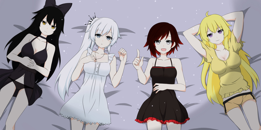 :d absurdres ahoge arms_behind_head bed_sheet black_hair black_panties blake_belladonna blonde_hair blue_eyes bow breasts hair_ornament hand_on_own_stomach hands_together highres jewelry lingerie long_hair lying medium_breasts multiple_girls navel necklace negligee nightgown nightshirt on_back open_mouth panties pointing ponytail purple_eyes red_hair ruby_rose rwby see-through shikniful short_hair short_shorts shorts silver_eyes smile underwear underwear_only very_long_hair weiss_schnee white_hair yang_xiao_long yellow_eyes