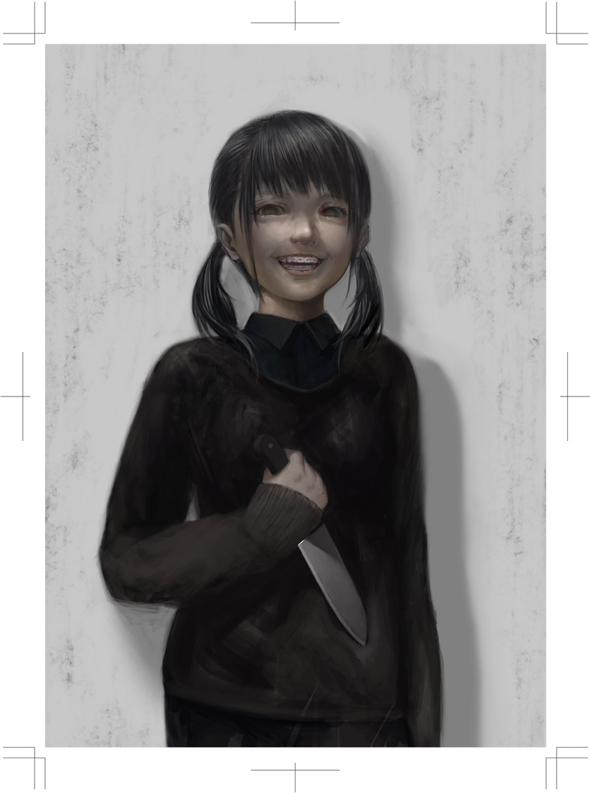 bad_id bad_pixiv_id bags_under_eyes black_hair border braces brown_eyes crazy_eyes empty_eyes grin highres horror_(theme) knife original realistic smile solo sweater thinnesta trim_marks twintails white_border yandere