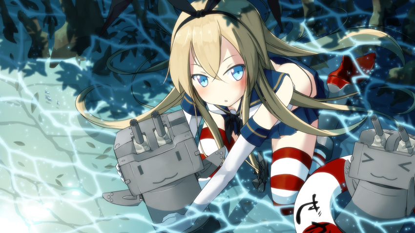 &gt;_&lt; :3 bad_id bad_pixiv_id black_panties blonde_hair blue_eyes blush closed_eyes elbow_gloves gloves hairband highres kantai_collection lifebuoy long_hair o_daizen panties partially_submerged rensouhou-chan shimakaze_(kantai_collection) striped striped_legwear swimsuit thighhighs underwear water ||_||