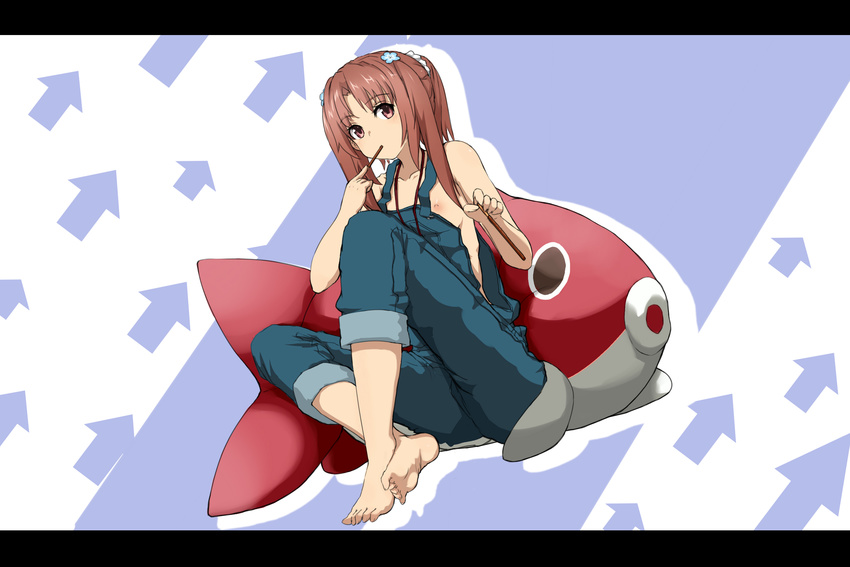 absurdres barefoot breasts brown_eyes brown_hair capri_pants directional_arrow eating fish fish_pillow flower food galilei_donna hair_flower hair_ornament highres hozuki_ferrari hu_sea letterboxed naked_overalls nipples overalls pants pillow pocky ponytail sidelocks sitting small_breasts solo