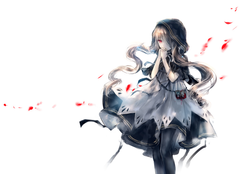 capelet dress hood onineko original pantyhose praying red_eyes solo transparent_background