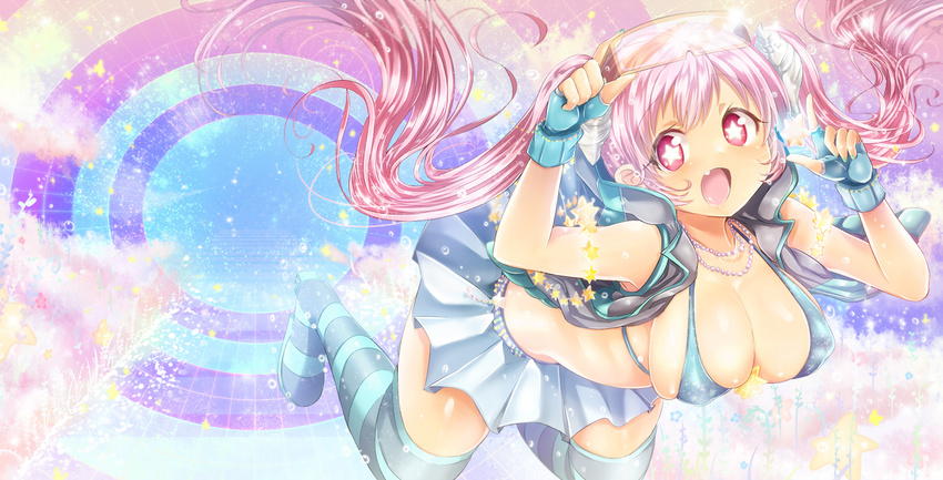 blue_gloves blue_legwear blush breasts cleavage fang finger_gun fingerless_gloves gloves jacket kamiya_zuzu large_breasts long_hair looking_at_viewer open_mouth original pink_eyes pink_hair red_eyes skirt smile solo star star-shaped_pupils striped striped_legwear symbol-shaped_pupils thighhighs visor