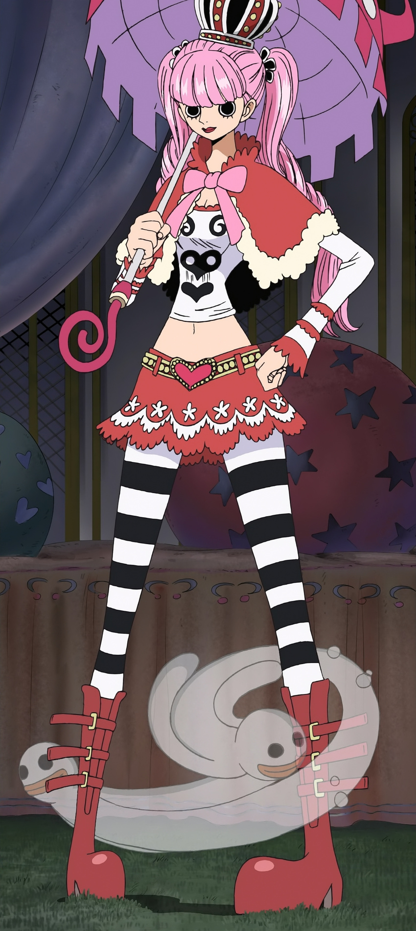 1girl absurdres belt black_eyes boots breasts capelet cleavage crown drill_hair female full_body ghost hair_ornament hand_on_hip heart highres looking_at_viewer midriff navel one_piece perona pink_hair red_shoes screencap shoes solo standing striped striped_legwear striped_thighhighs thriller_bark twintails umbrella
